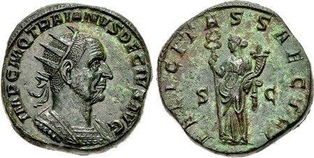 Imperador Décio retratado num duplo sestércio, moeda criada por ele.