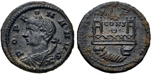 Ponte Mílvia retratada em moeda antiga de Constantino I.