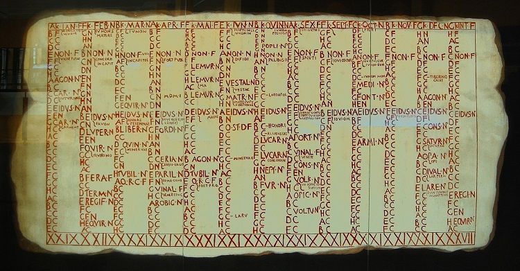 Reprodução do calendário romano com as divisões em idos, calendas e nonas.