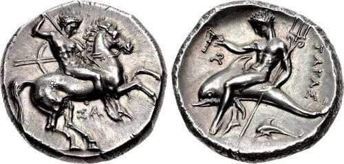Moeda antiga grega de padrão mais comum do cavaleiro-golfinho.