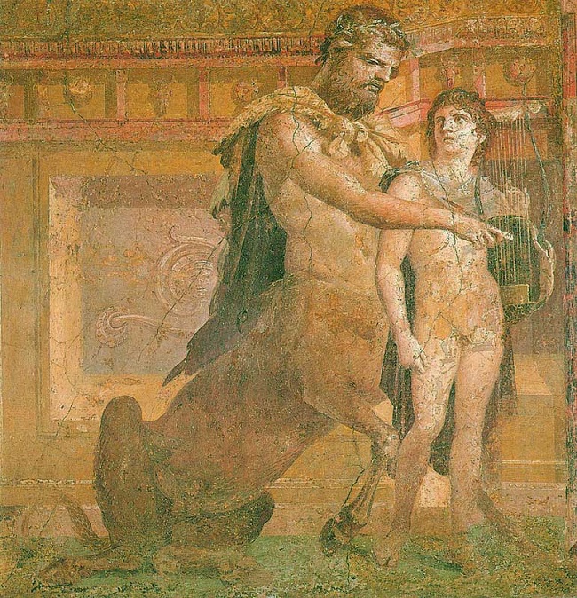 Afresco que mostra o centauro Qupiron e o herói Aquiles ainda adolescente.