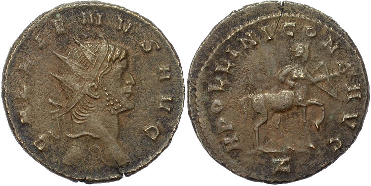 Moeda do imperador romano Galiano, com Quíron no reverso.