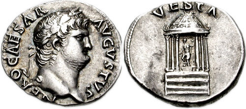 Denário do imperador Nero homenageando o Templo de Vesta.