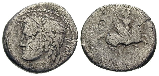Moeda romana que traz o herói grego Belerofonte montado no Pégaso no reverso.