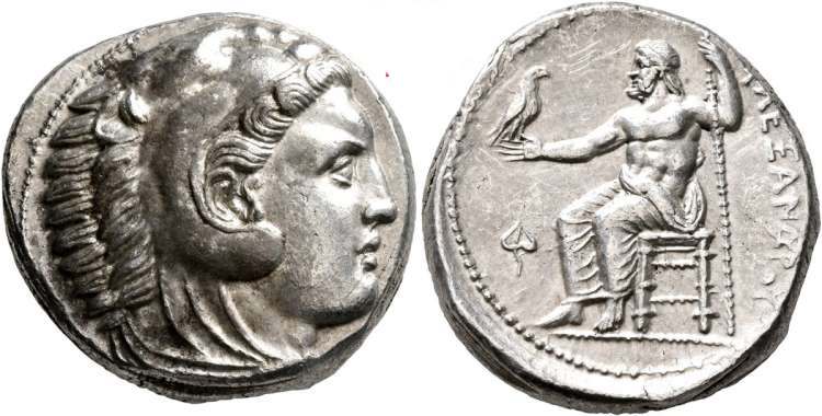 Famoso tetradracma de Alexandre, o Grande, que apresenta o herói grego Héracles no anverso.