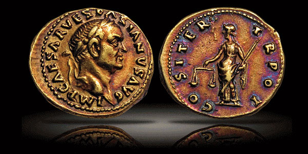 Áureo de Boscoreale, do imperador Vespasiano. Foi encontrado nas ruínas aos redores da cidade de Pompeia.