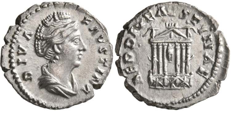 Denário de prata da imperatriz Faustina I, cunhado após sua morte.