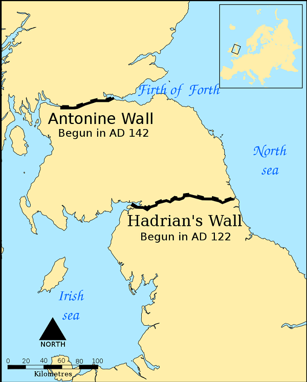 Mapa que mostra a distância entre a Muralha de Adriano e a Muralha de Antonino.