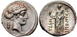 Moeda romana de Clio, uma das musas da mitologia grega.