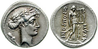 Terpsícore, uma das musas da mitologia grega, retratada em uma moeda romana.