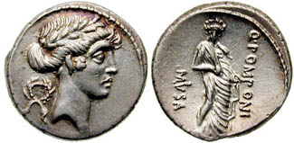 Musa Polímnia em moeda da Roma antiga.