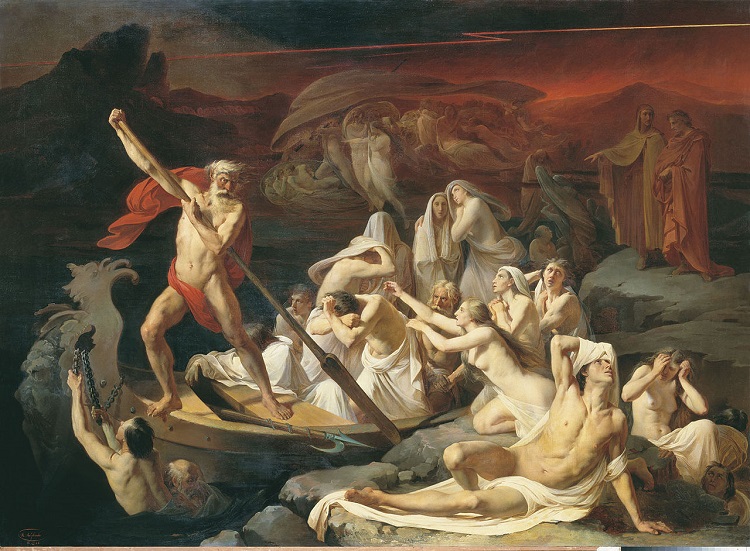 Pintura que mostra a travessia dos mortos no submundo na barca de Caronte.