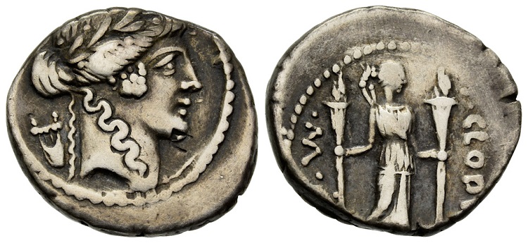 Denário de prata do deus Apolo e da deusa Diana.