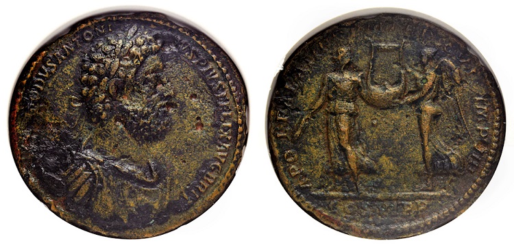 Raro medalhão do imperador romano Cômodo. Traz a deusa Vitória e Apolo no reverso.