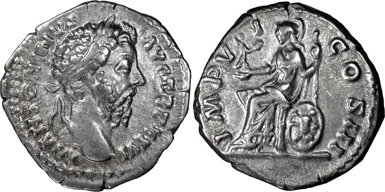 Moeda antiga do imperador romano Marco Aurélio, que traz a Górgona em escudo de Roma no reverso.