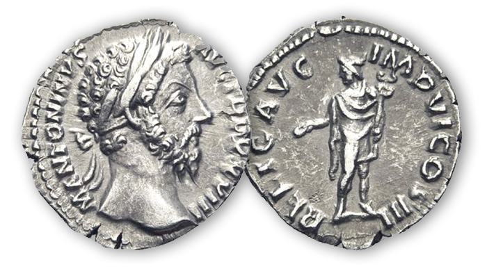 Moeda romana do imperador Marco Aurélio que traz o deus Hermes (como Mercúrio) no reverso.