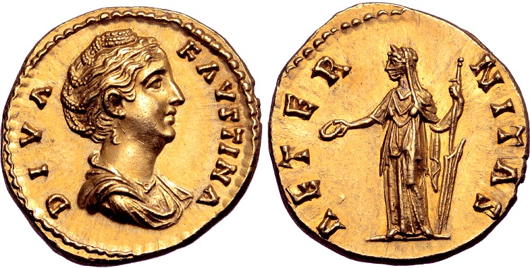 Áureo de ouro romano de Faustina I em estado de conservação flor de cunho.