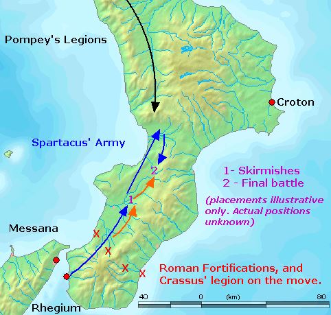 Mapa que mostra as movimentações na batalha final entre Espártaco e Crasso.