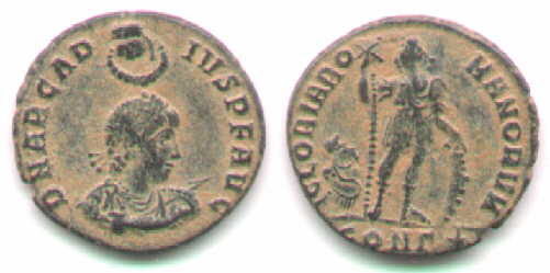 Moeda que mostra a mão de Deus coroando o imperador romano Arcádio.