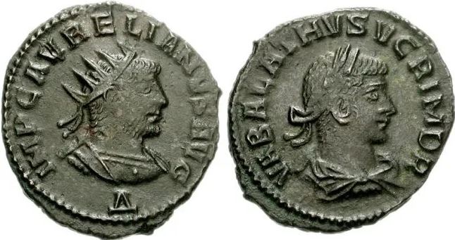 Moeda do imperador romano Aureliano e Vabalato d ePalmira.
