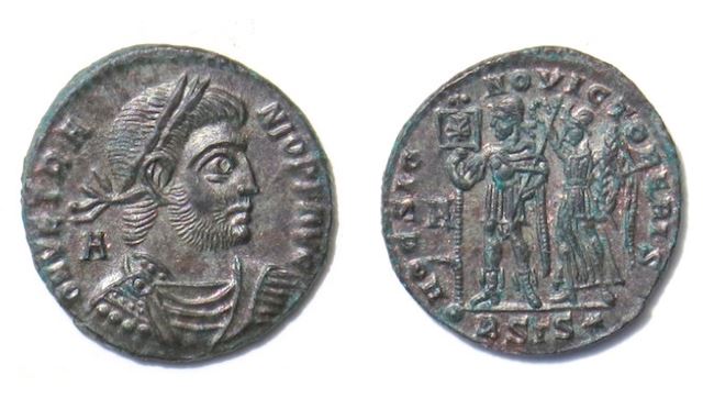Moeda romana antiga que retrata a lenda cristã da vitória de Constantino contra Magêncio na Ponte Mílvia.
