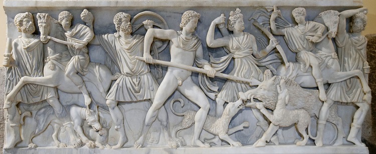 Sarcófago que retratada a mitologia da caça ao javali calidônio.