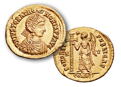Sólido da princesa romana, Honória, "quase noive" de Átila, o Huno.