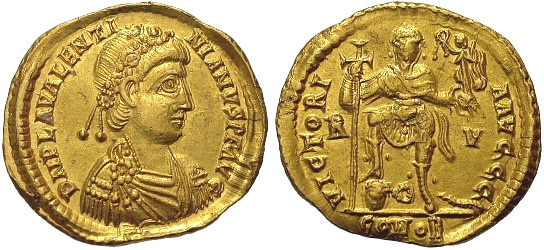 Sólido de ouro do imperador romano Valentiniano III.