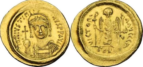 Soldo bizantino do imperador Justiniano I.
