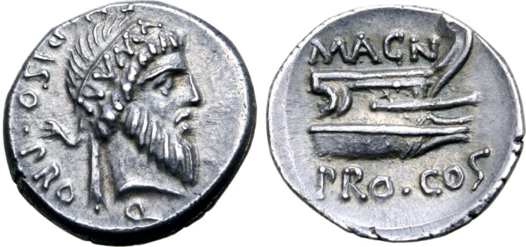 Moeda de Pompeu em homenagem ao segundo rei de Roma, Numa Pompílio.