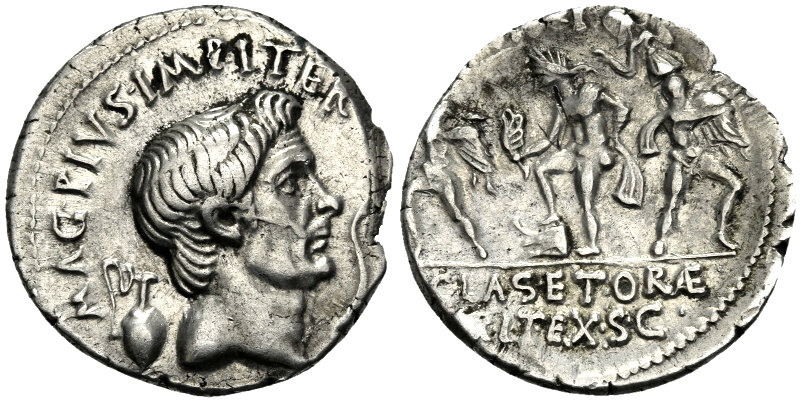 Denário romano cunhado por Sexto Pompeu em homenagem ao seu pai.