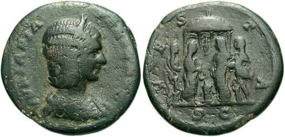 Moeda romana de Júlia Domna e da deusa Vesta.
