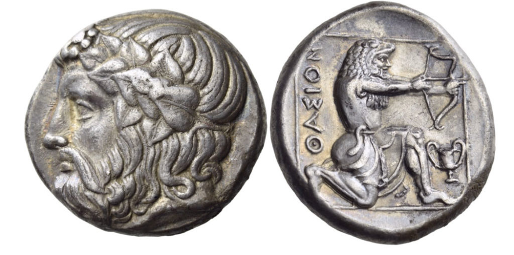 Tetradracma que mostra Hércules puxando um arco curto.