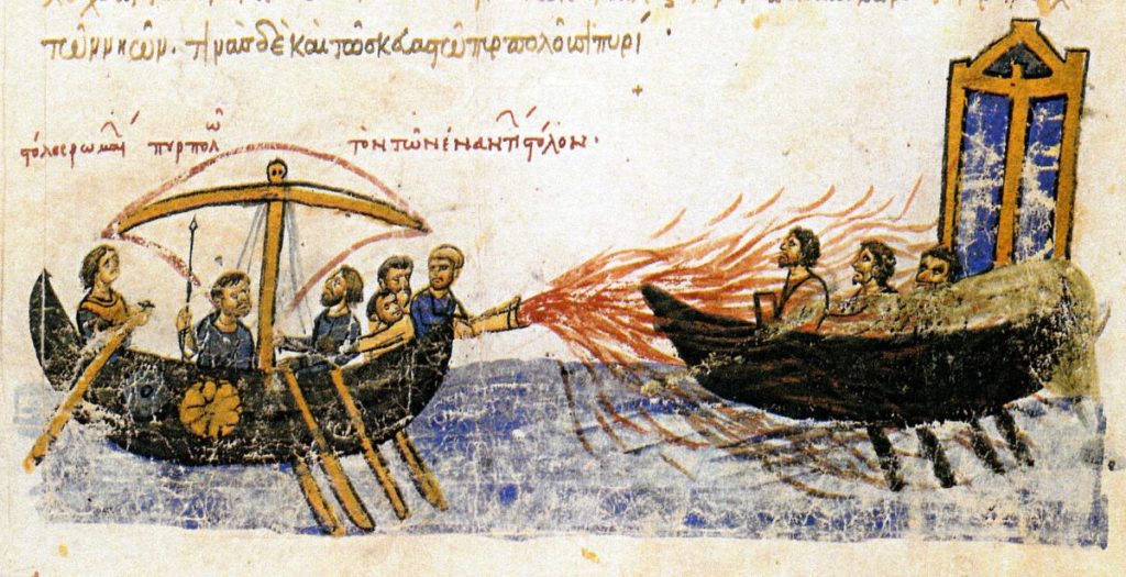 O fogo grego utilizado no Impéiro Bizantino como arma de guerra.