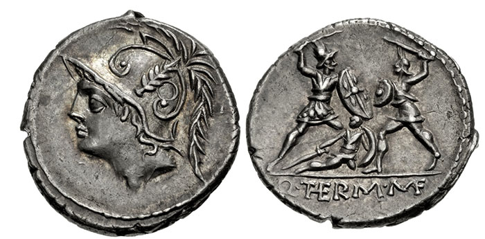 Gládio romano retratado em denário antigo.