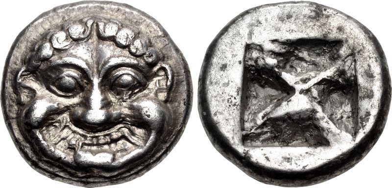 Moeda arcaica, uma das primeiras cunhagens da cidade grega antiga de Atenas.