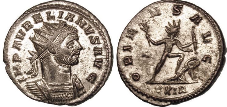Moeda antiga do imperador Aureliano com o Sol Invicto.