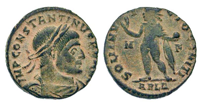 Sol invicto em moeda de Constantino, o Grande.