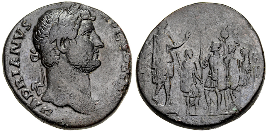 Centurião do exército romano retratado no reverso de dupôndio do imperador Adriano.