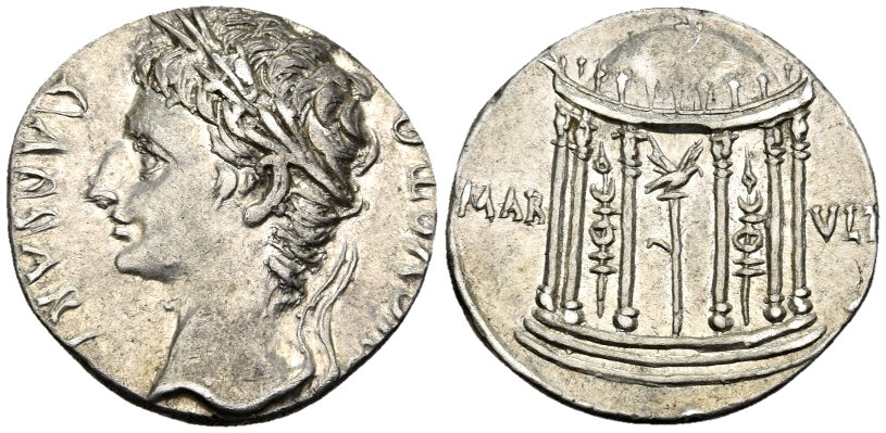 Moeda romana do imperador Augusto que traz a águia legionária no reverso.
