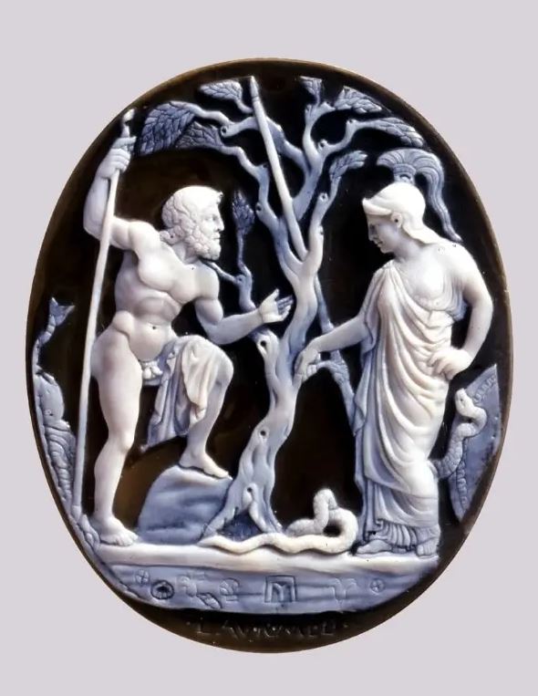 A disputa por Atenas entre os deuses Atena e Poseidon retratada em gemas de cameo.
