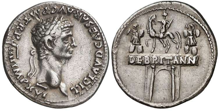 Moeda antiga do imperador Cláudio em comemoração à anexação da Britânia ao império romano.