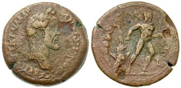 Moeda romana de Antonino Pio retratando Hércules e Cérbero no reverso.