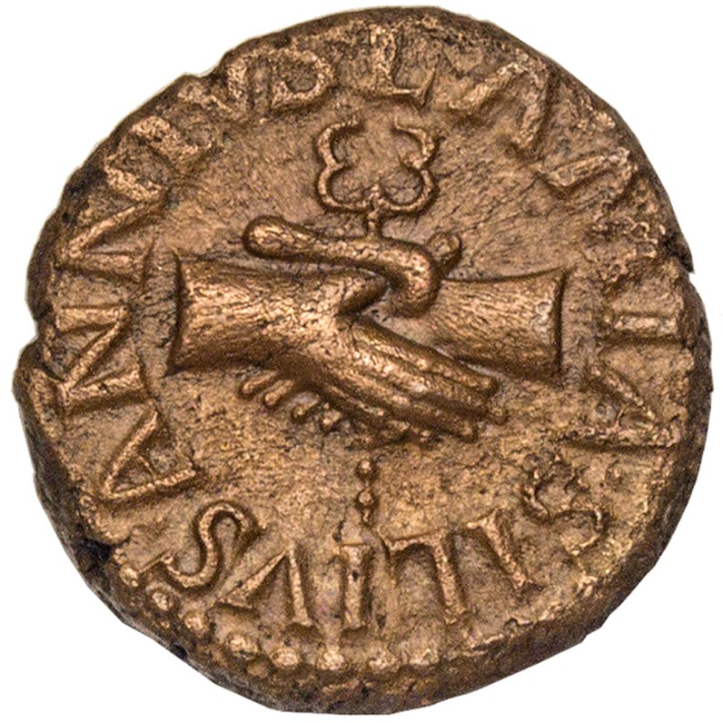 Moeda da Pax Romana cunhada pelo imperador Augusto com duas mãos no anverso