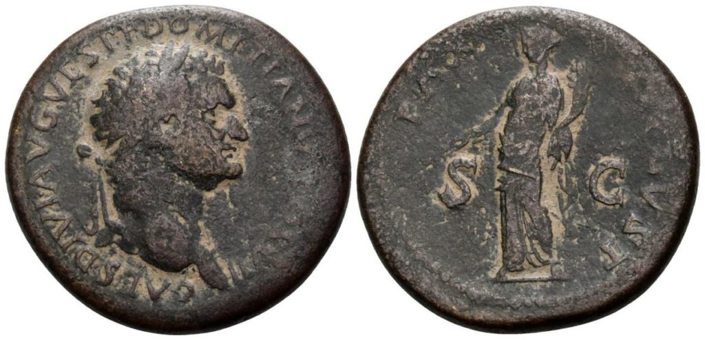 Sestércio que mostra o imperador Domiciano ainda como césar.