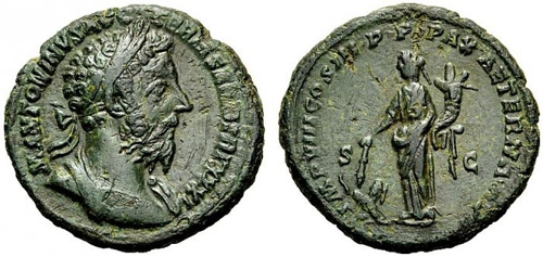 Moeda de Marco Aurélio com a deusa Pax Romana.