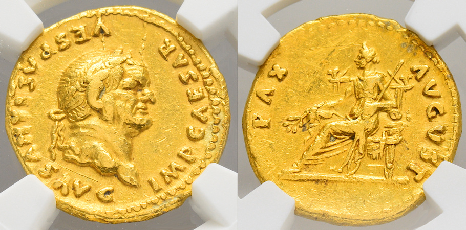 Moeda de ouro romana com a deusa Pax no reverso.