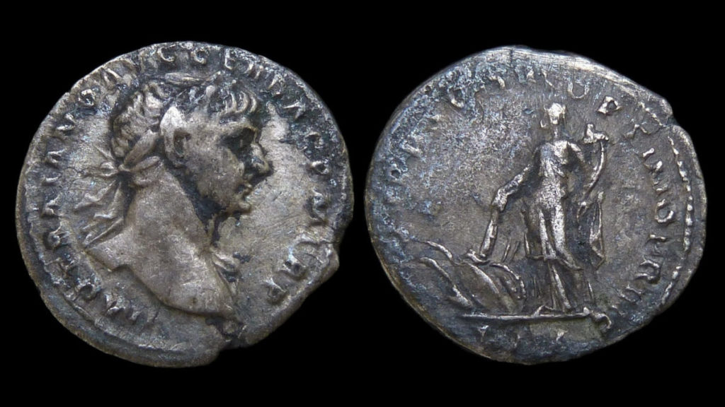 Denário de Trajano com a deusa Pax no reverso.