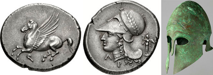 Capacete grego coríntio retratado no famoso estáter de Corinto.