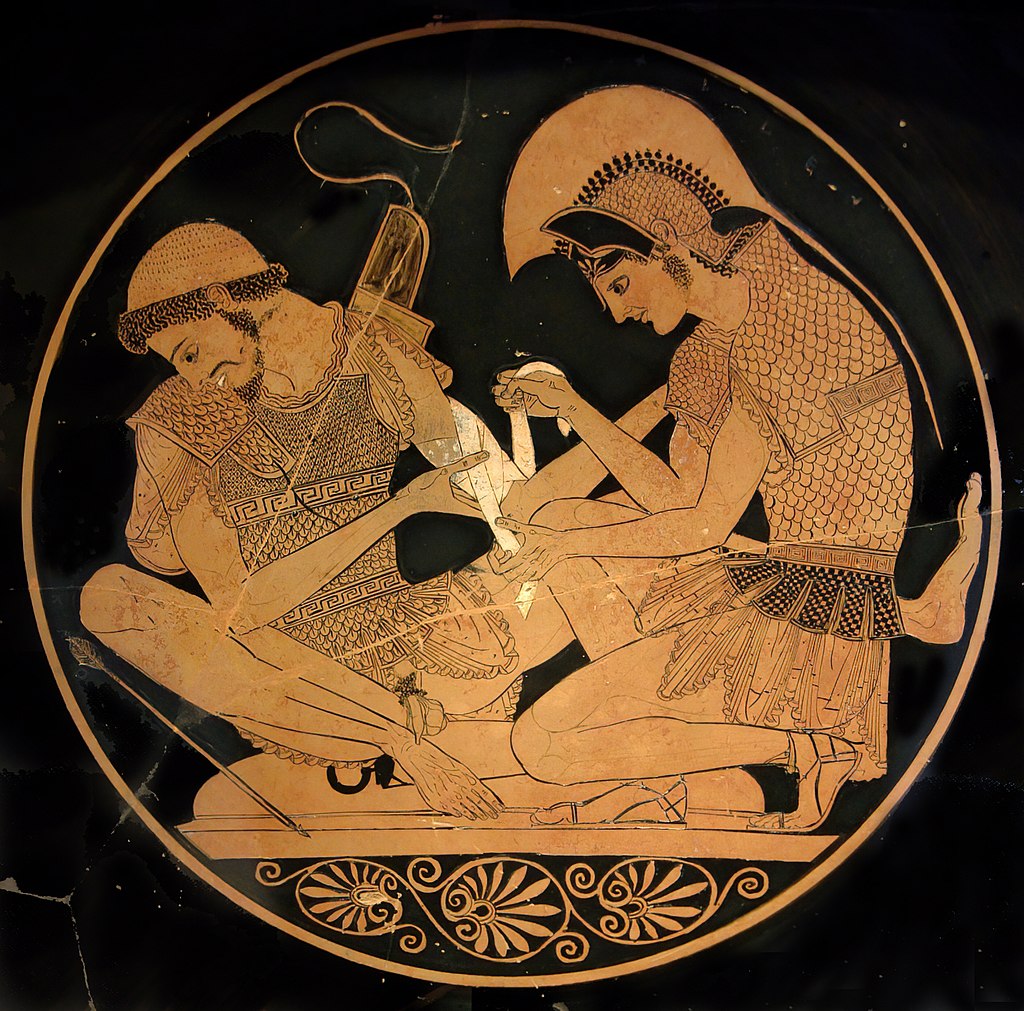 Representação artística de Aquiles enfaixando o braço de Pátroclo.